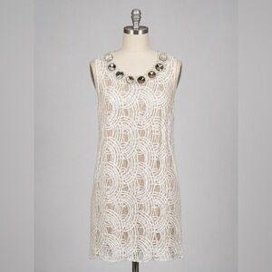 Adrianna Papell Size 12 Ivory Beaded Neck Lace Shift Dress Elegant Sleeveless